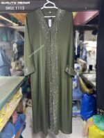 Wholesale Dubai Abaya design – Olive Green  color Anti crap fabric stonework abaya at factory prices - Image 3