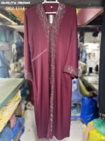 Wholesale Dubai Abaya design – Meroon color Anti crap fabric stonework abaya at factory prices - Image 3