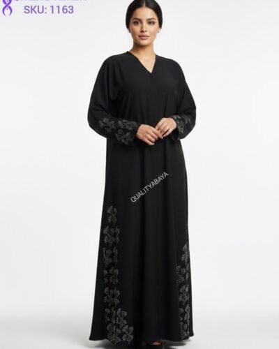 Korean Nida Black Dubai Abaya - Embroidery with stonework Abaya