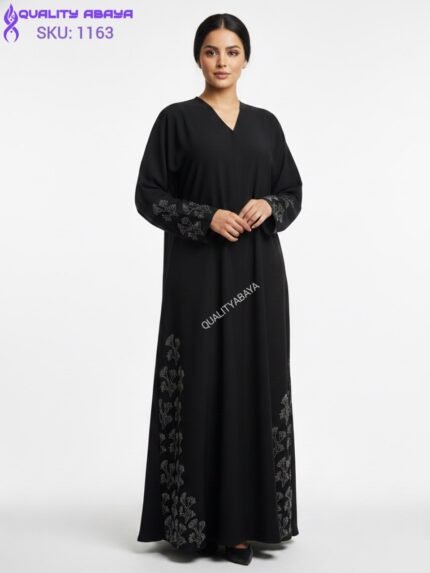 Korean Nida Black Dubai Abaya - Embroidery with stonework Abaya