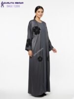 Premium Grey Anti Crap Abaya with Black Velvet Floral stonework design