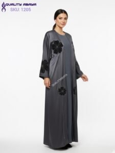 Premium Grey Anti Crap Abaya with Black Velvet Floral stonework design