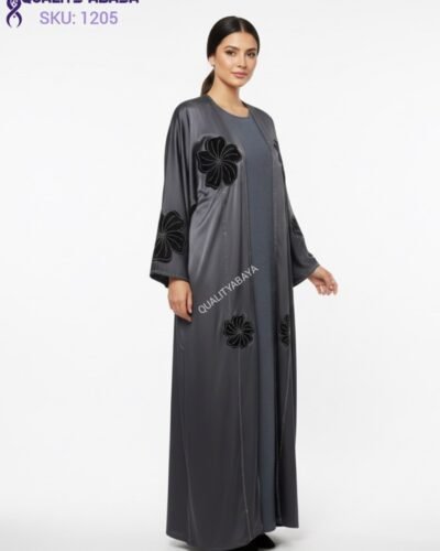 Premium Grey Anti Crap Abaya with Black Velvet Floral stonework design