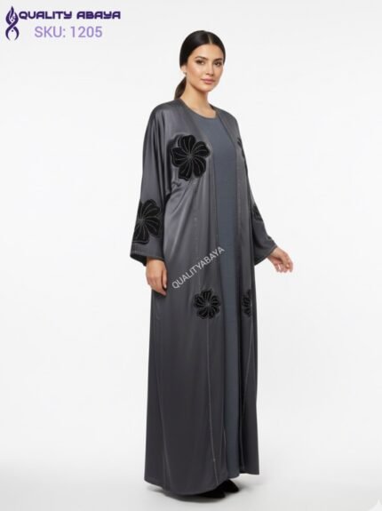 Premium Grey Anti Crap Abaya with Black Velvet Floral stonework design