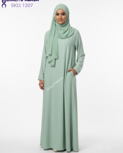 Mint Green Pocket Abaya- Minimalist Islamic Prayer Dress & Matching Hijab Set