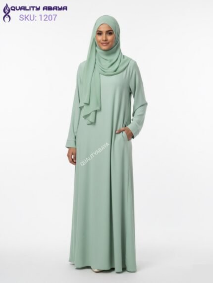Mint Green Pocket Abaya- Minimalist Islamic Prayer Dress & Matching Hijab Set