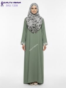 Wholesale Plain Olive Green Abaya with Printed Cuff & Side Pocket – Modest Dubai Abaya Design
