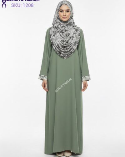 Wholesale Plain Olive Green Abaya with Printed Cuff & Side Pocket – Modest Dubai Abaya Design