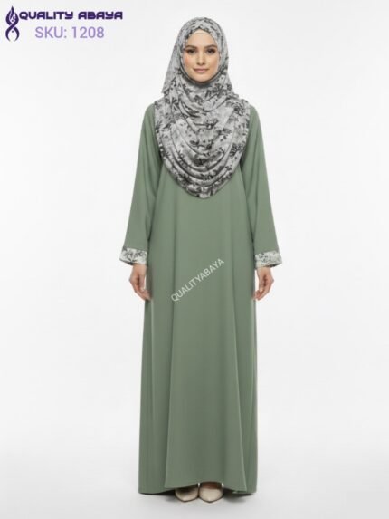 Wholesale Plain Olive Green Abaya with Printed Cuff & Side Pocket – Modest Dubai Abaya Design
