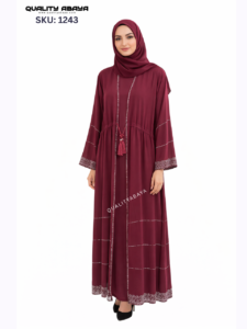 Maroon color Stonework Abaya – Elegant Dubai Modest Wear for Women
