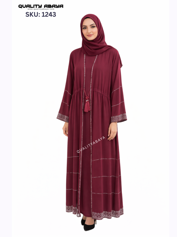 Maroon color Stonework Abaya – Elegant Dubai Modest Wear for Women