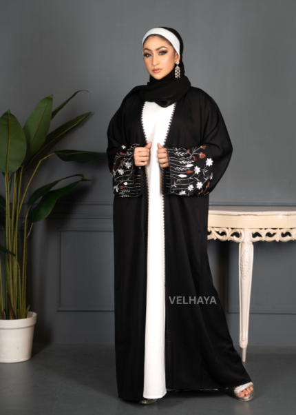 Floral Hand Embroidered Dubai Abaya – lace work Modest Wear